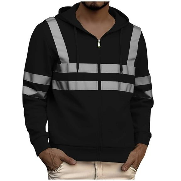YLSDY Men's Class 3 Hi Vis Hoodie Reflective Safety Jacket with Zipper High Visibility Work Utility Durable Black XXL