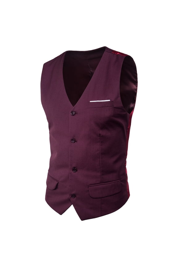 Men's Classic Fit Business Vest V-Neck Single Breasted Waistcoat with Adjustable Back Strap for Wedding Party Suit Wine XXXL