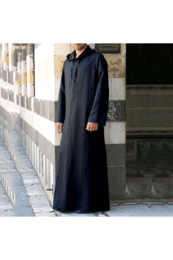 Men's 2024 Thobe Long Sleeve Maxi Dress Solid Color Thawb Muslim Robe with Hood Pockets Black XXXXXL