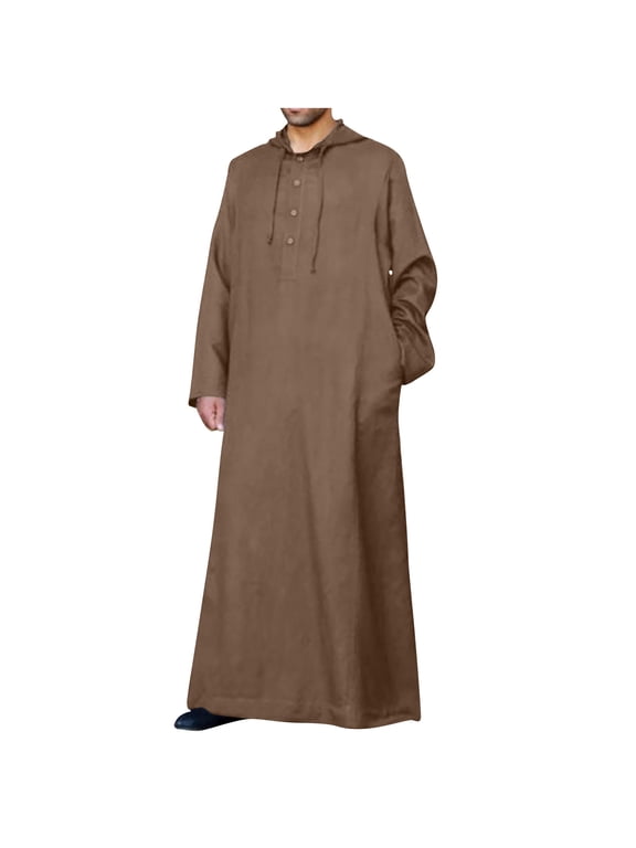 Men's 2024 Thobe Long Sleeve Maxi Dress Solid Color Thawb Muslim Robe with Hood Pockets Brown M