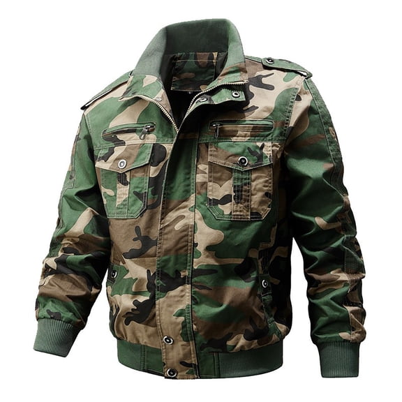 YLSDY Men's Camo Jacket Military Style Cotton Bomber Jacket with Multiple Pockets Outdoor Hiking Lightweight Zipper Long Sleeve Army Camouflage Camouflage XXL