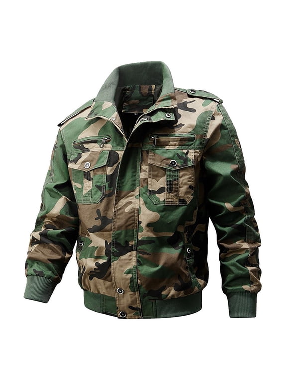 Men's Camo Jacket Military Style Cotton Bomber Jacket with Multiple Pockets Outdoor Hiking Lightweight Zipper Long Sleeve Army Camouflage Camouflage XXL