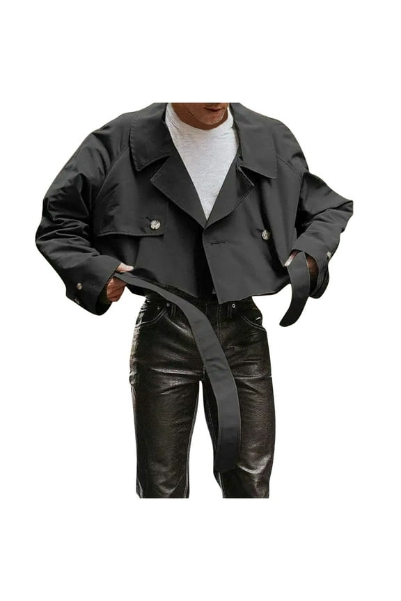 Men's Cropped Jacket Button Up Belted Trench Coat Long Sleeve Outerwear Black XXL