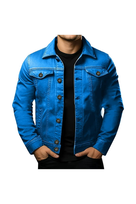 Men's Denim Jacket Button Up Long Sleeve Cotton Jacket Classic Outwear Solid Color Regular Fit Trendy Coat Blue S
