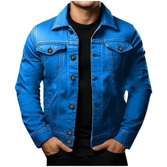 YLSDY Men's Denim Jacket Button Up Long Sleeve Cotton Jacket Classic Outwear Solid Color Regular Fit Trendy Coat Blue S