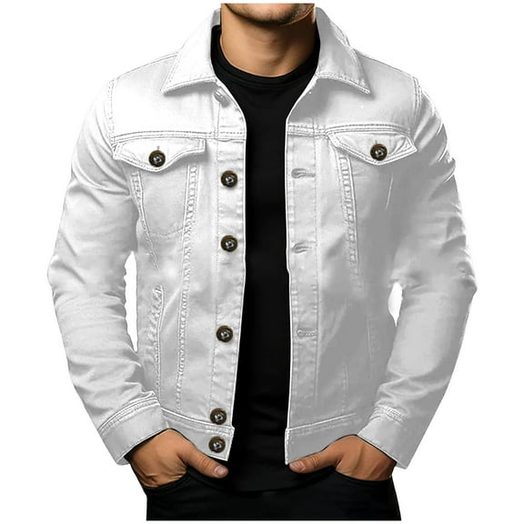 YLSDY Men's Denim Jacket Button Up Long Sleeve Cotton Jacket Classic Outwear Solid Color Regular Fit Trendy Coat White XXXXL