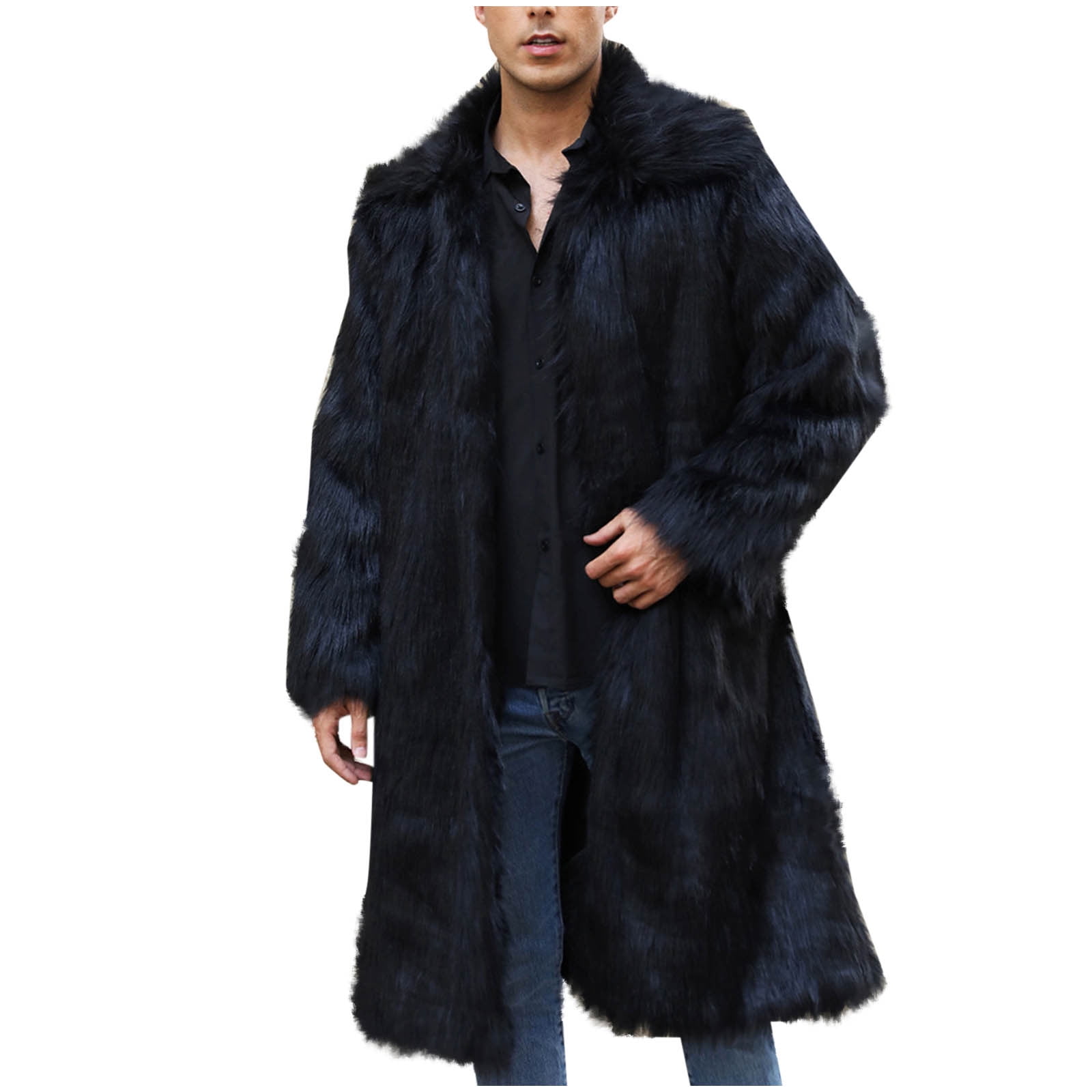 Grey Lapel Solid Color Faux Fur Long Sleeves Winter Men's Coat