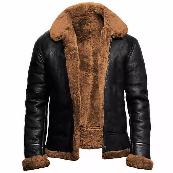 YLSDY Men's Faux Leather Shearling Jacket Winter Warm Fleece Lined Bomber Jacket Outwear Brown XXXL