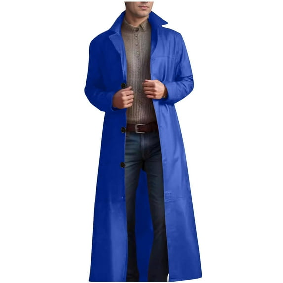 YLSDY Men's Clearance Long Trench Coat Classic PU Leather Overcoat Button Down Windbreaker Jacket Blue M