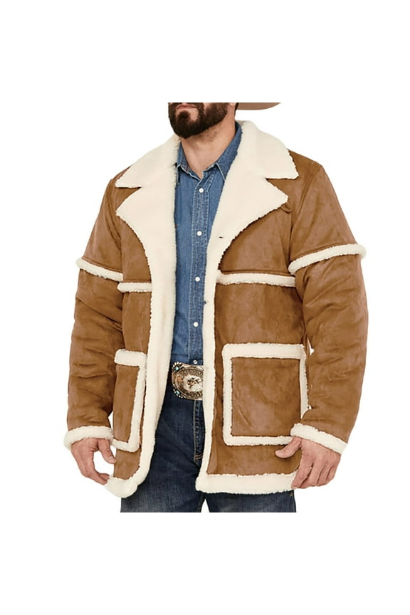 Men's Sheepskin Shearling Jacket Winter Warm Faux Fur Collar Coat Thick Fleece Lined Outwear Khaki M