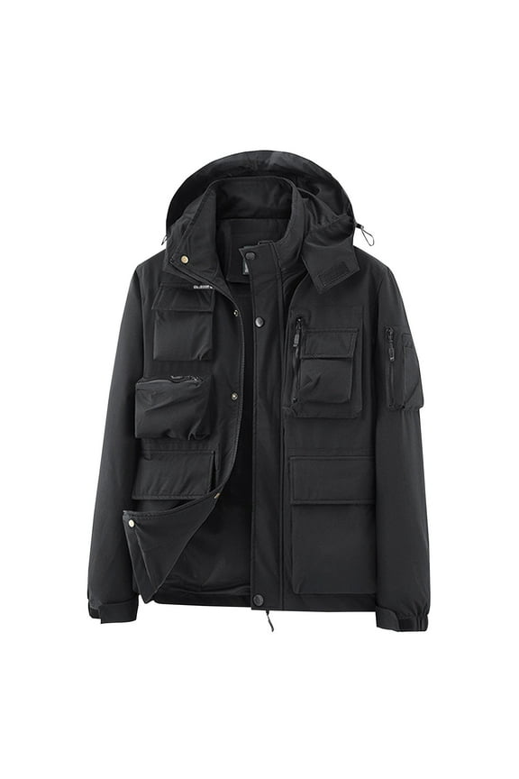 Men's Utility Jacket Hooded Winter Warm Fleece Lined Outdoor Pockets Coat Thick Waterproof Windproof Large Size Black XXXXXL