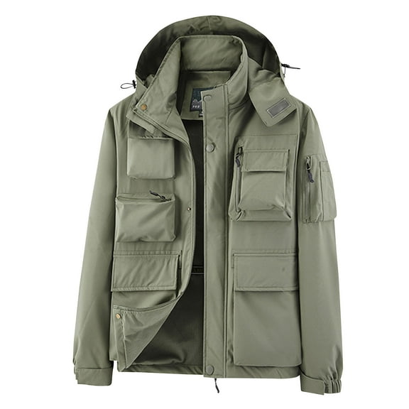 YLSDY Men's Utility Jacket Hooded Winter Warm Fleece Lined Outdoor Pockets Coat Thick Waterproof Windproof Large Size Khaki XL
