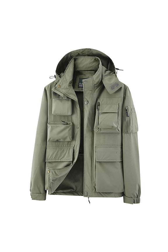 Men's Utility Jacket Hooded Winter Warm Fleece Lined Outdoor Pockets Coat Thick Waterproof Windproof Large Size Khaki XL