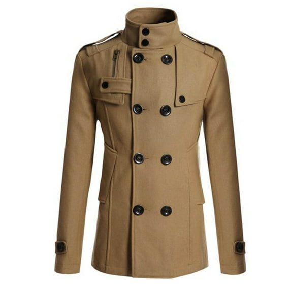 YLSDY Men's Wool Peacoat Double Breasted Trench Coat Winter Warm Jacket Slim Fit Overcoat Khaki XXL