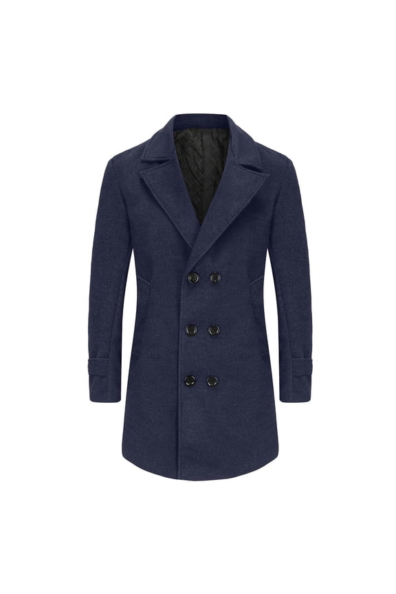 Men's Wool Peacoat Double Breasted Winter Coat Warm Thicken Overcoat Trench Coat Navy L