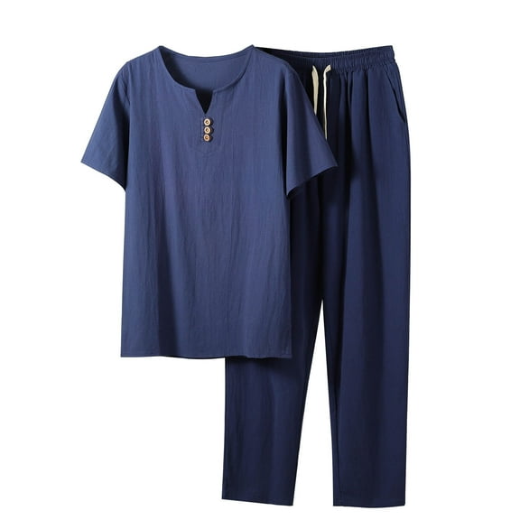 YLSDY Men's Clothing Short Sets Summer Tracksuit Home Suit Linen T-Shirt   Pants Male Two Piece Sets Large Size Dark Blue 14