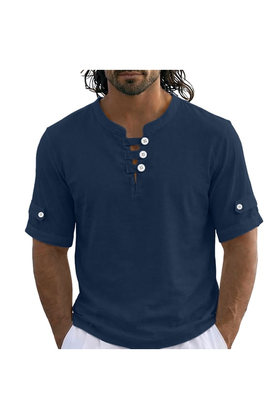 Men's Collarless Vacation Shirt, Short Sleeve Button-Down Casual Top, Lightweight for Beach & Travel Navy XL