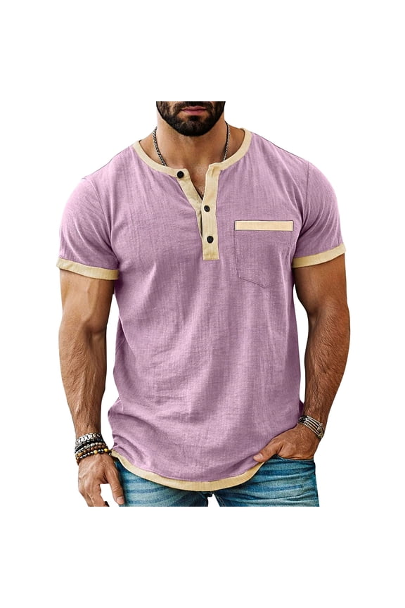 Men's Color Block Henley Shirt Short Sleeve Button Placket Casual Fashion Top Purple XXXXL