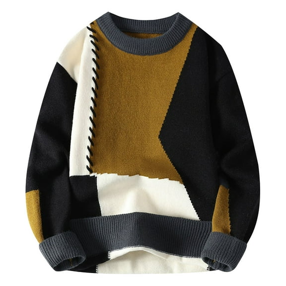 YLSDY Men's Color Block Patchwork Sweaters, Pullover Loose Crewneck Stylish Knitted Long Sleeve Sweater Tops Yellow M