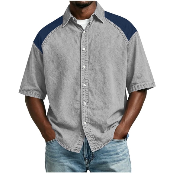 YLSDY Men's Color Block Short Sleeve Golf Shirt, Button-Down Collared Casual Top, Trendy Two-Tone Design for Men Gray XXL