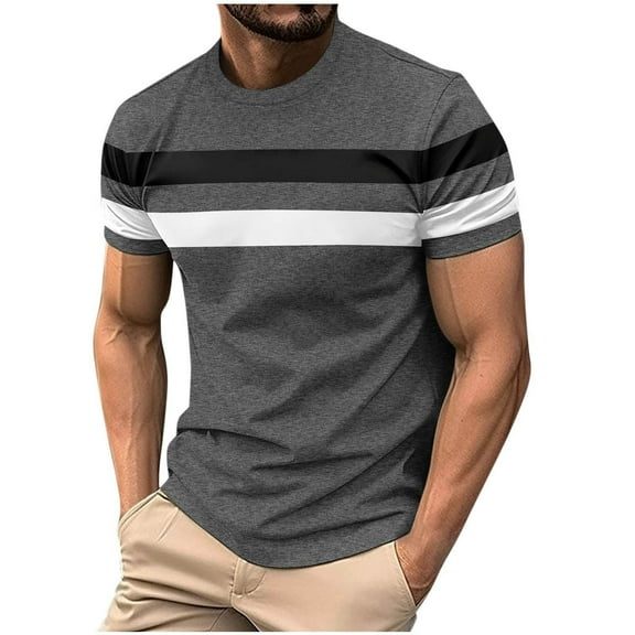 YLSDY Men's Color Block Short Sleeve Tee Shirts Casual Crewneck T Shirt Trendy Summer Tops Fashion Stripes Casual Tops Regular Fit Athletic Tees Dark Gray S
