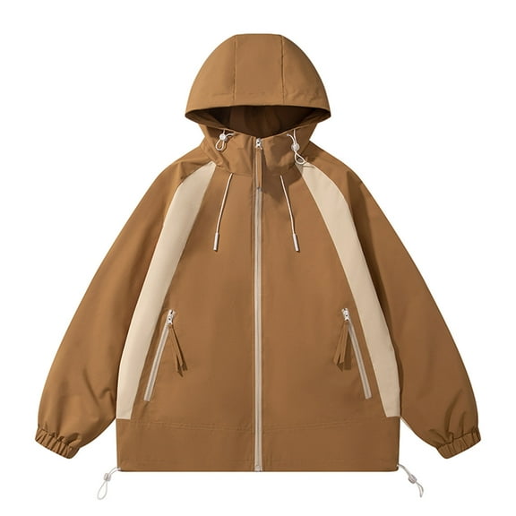 YLSDY Men's Color Block Zip up Shell Jacket Lightweight Hooded Windbreaker Jacket with Zipper Pockets Windbreaker Coat Coffee S