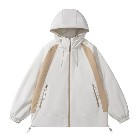 YLSDY Men's Color Block Zip up Shell Jacket Lightweight Hooded Windbreaker Jacket with Zipper Pockets Windbreaker Coat White XXXL