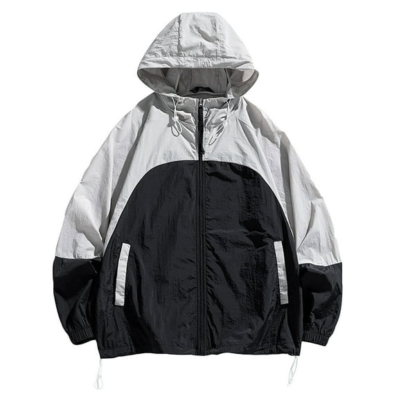 YLSDY Men's Color-Blocking Hooded Windbreaker Jacket with Zipper Pockets Streetwear Purple White Lightweight Breathable Mesh Lining Windproof Sportswear Spring Fall Black L