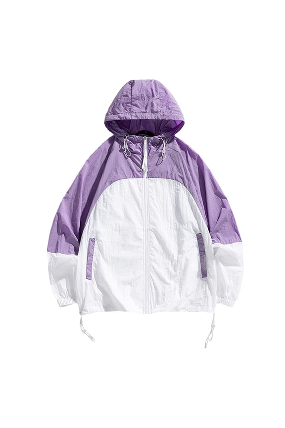 Men's Color-Blocking Hooded Windbreaker Jacket with Zipper Pockets Streetwear Purple White Lightweight Breathable Mesh Lining Windproof Sportswear Spring Fall Purple XXL