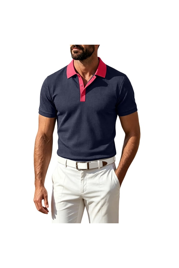 Men's Contrast Collar Golf Shirt, Textured Fabric with Color-Block Trim, Short Sleeve Golf & Casual Top Navy S