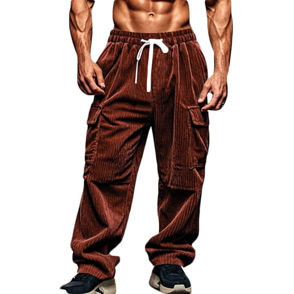 YLSDY Men's Corduroy Cargo Pants Loose Fit Drawstring Straight Leg Trousers with Pockets Brown XXL