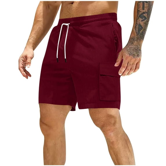 YLSDY Men's Corduroy Cargo Shorts Casual Elastic Waist Drawstring Lightweight Summer Beach Shorts with Pockets Red L