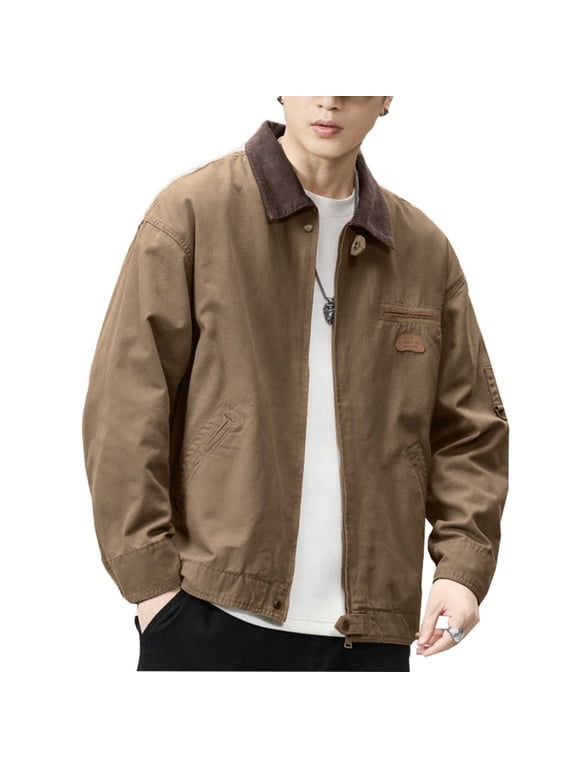 Men's Corduroy Collar Canvas Jacket Vintage Washed Zip Up Workwear Coats Khaki XXL