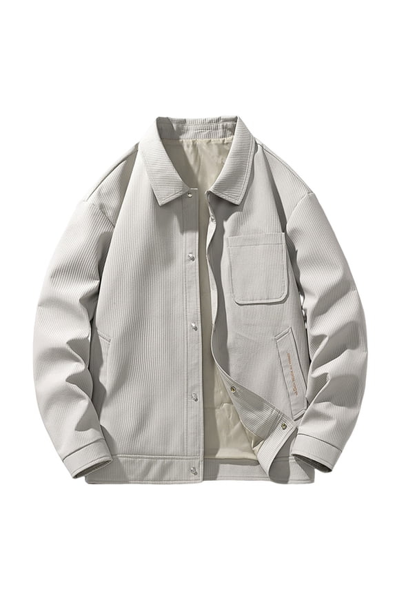 Men's Corduroy Shirt Jacket Casual Long Sleeve Button Down Lightweight Solid Shacket Jackets Lapel Striped Cotton Coat Gray M