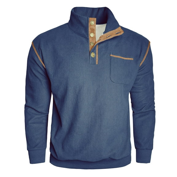 YLSDY Men's Corduroy Sweatshirt Quarter Button Lightweight Pullover Long Sleeve Vintage Stand Collar Button Pullover Sweaters Navy XL