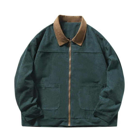 YLSDY Men's Corduroy Trucker Jacket Stand Collar Long Sleeve Zip Up Pockets Oversized Vintage Coats Green M