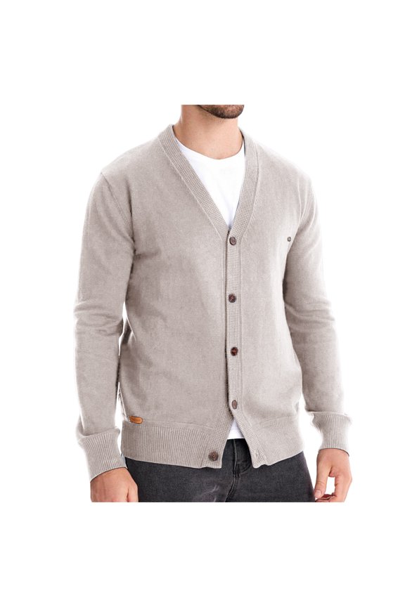 Men's Cotton Cardigan Sweater Long Sleeve V-Neck Button Up Knitwear Cardigan Beige M
