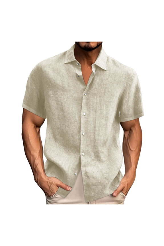 Men's Cotton Collared Blouse Linen Button Down Short Sleeve Shirts Loose Lightweight Tops Summer Beach Vacation 2025 Beige XXXXL