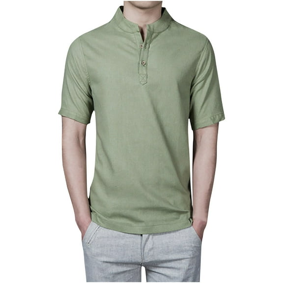 YLSDY Men's Cotton Henley Shirt Stand Collar Short Sleeve Tops Summer Beach Solid Casual Blouses Slim Fit Loungewear Lightweight Tees Army Green L