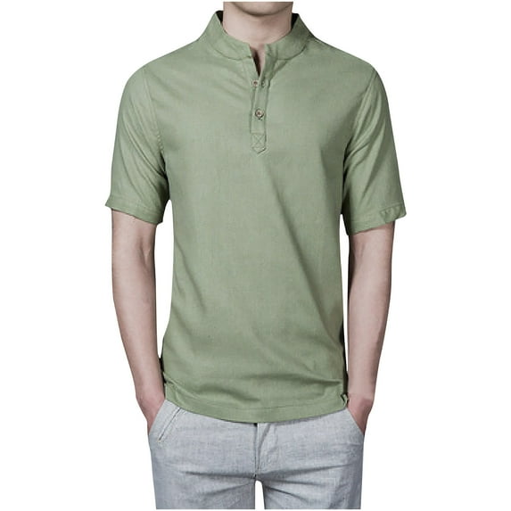 YLSDY Men's Cotton Henley Shirt Stand Collar Short Sleeve Tops Summer Beach Solid Casual Blouses Slim Fit Loungewear Lightweight Tees Army Green M