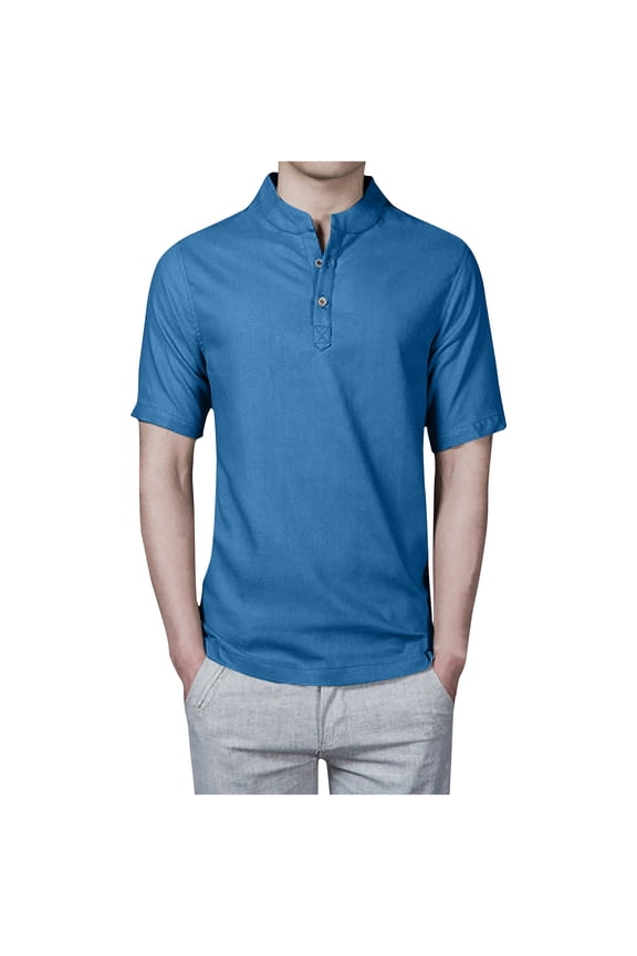 Men's Cotton Henley Shirt Stand Collar Short Sleeve Tops Summer Beach Solid Casual Blouses Slim Fit Loungewear Lightweight Tees Blue L