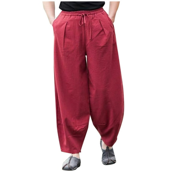 YLSDY Men's Cotton Linen Baggy Harem Pants Loose Casual Elastic Waist Drawstring Beach Lounge Trousers with Pockets Wine L
