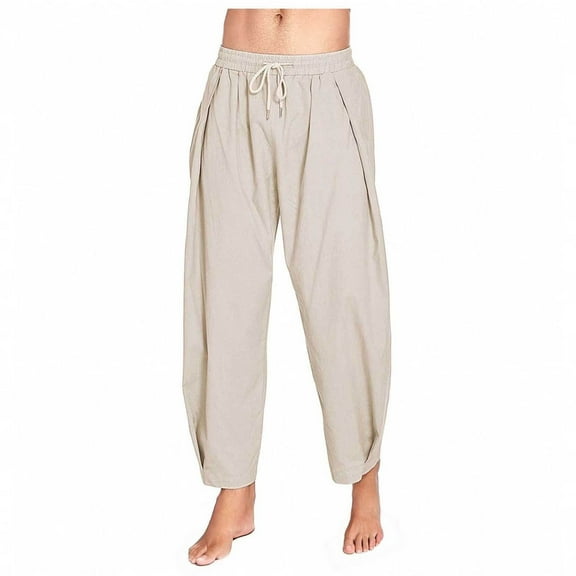 YLSDY Men's Cotton Linen Harem Pants Drawstring Casual Cropped Trousers Lightweight Loose Beach Yoga Pants with Pockets Beige XL
