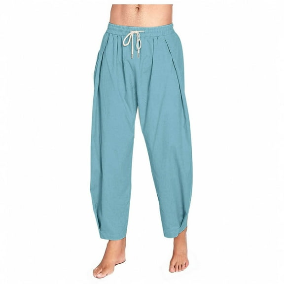 YLSDY Men's Cotton Linen Harem Pants Drawstring Casual Cropped Trousers Lightweight Loose Beach Yoga Pants with Pockets Sky Blue XL