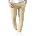 thumbnail image 1 of YLSDY Men's Cotton Linen Pants Slim Fit Solid Color Drawstring Pants Ankle Length Sweatpants Casual Elastic Waist Straight Leg Beach Trousers Beige S, 1 of 5