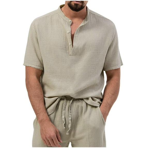 YLSDY Men's Cotton Linen Shirt Short Sleeve Hippie Casual Band Collar Summer Beach T-Shirts Fashion Hawaiian Top Beige XXL