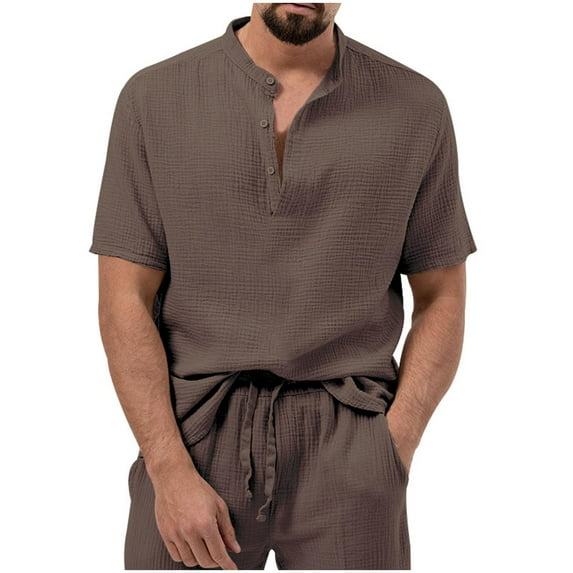 YLSDY Men's Cotton Linen Shirt Short Sleeve Hippie Casual Band Collar Summer Beach T-Shirts Fashion Hawaiian Top Brown L