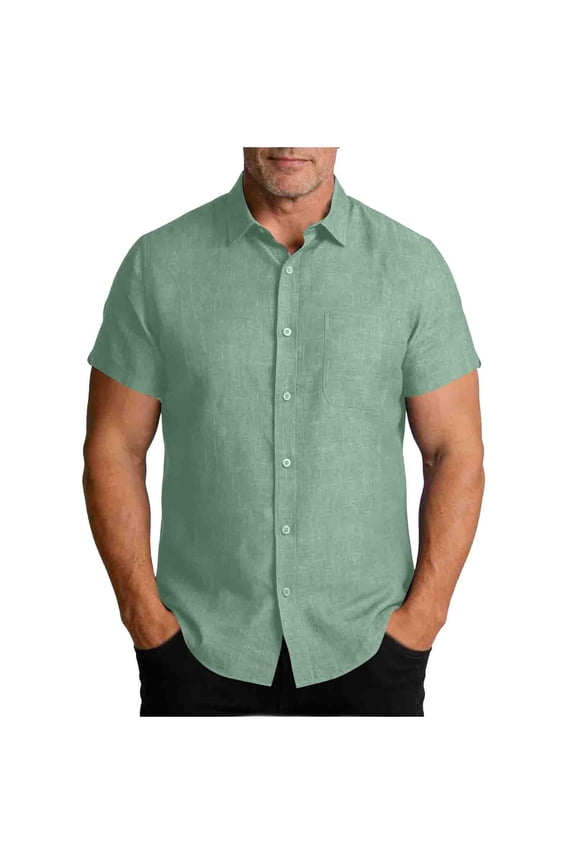 Men's Cotton Linen Shirts Short Sleeve Casual Shirts Button Down Shirt for Men Beach Summer Wedding Shirt Mint Green L