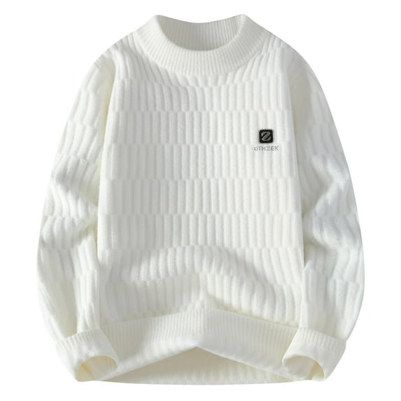 YLSDY Men's Crew Neck Embroidered Sweater Thick Warm Knit Pullover Plus Velvet Solid Color Casual Sweater White L
