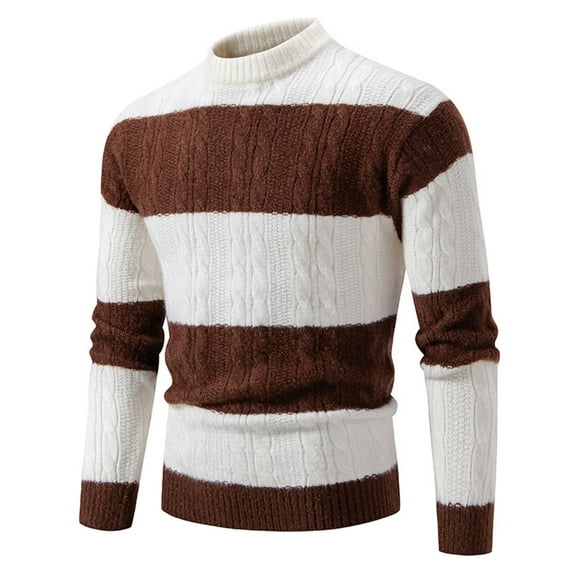 YLSDY Men's Crew Neck Patchwork Sweater Casual Long Sleeve Pullover Comfortable Knitted Slim Fit Wool Sweater Coffee XXL